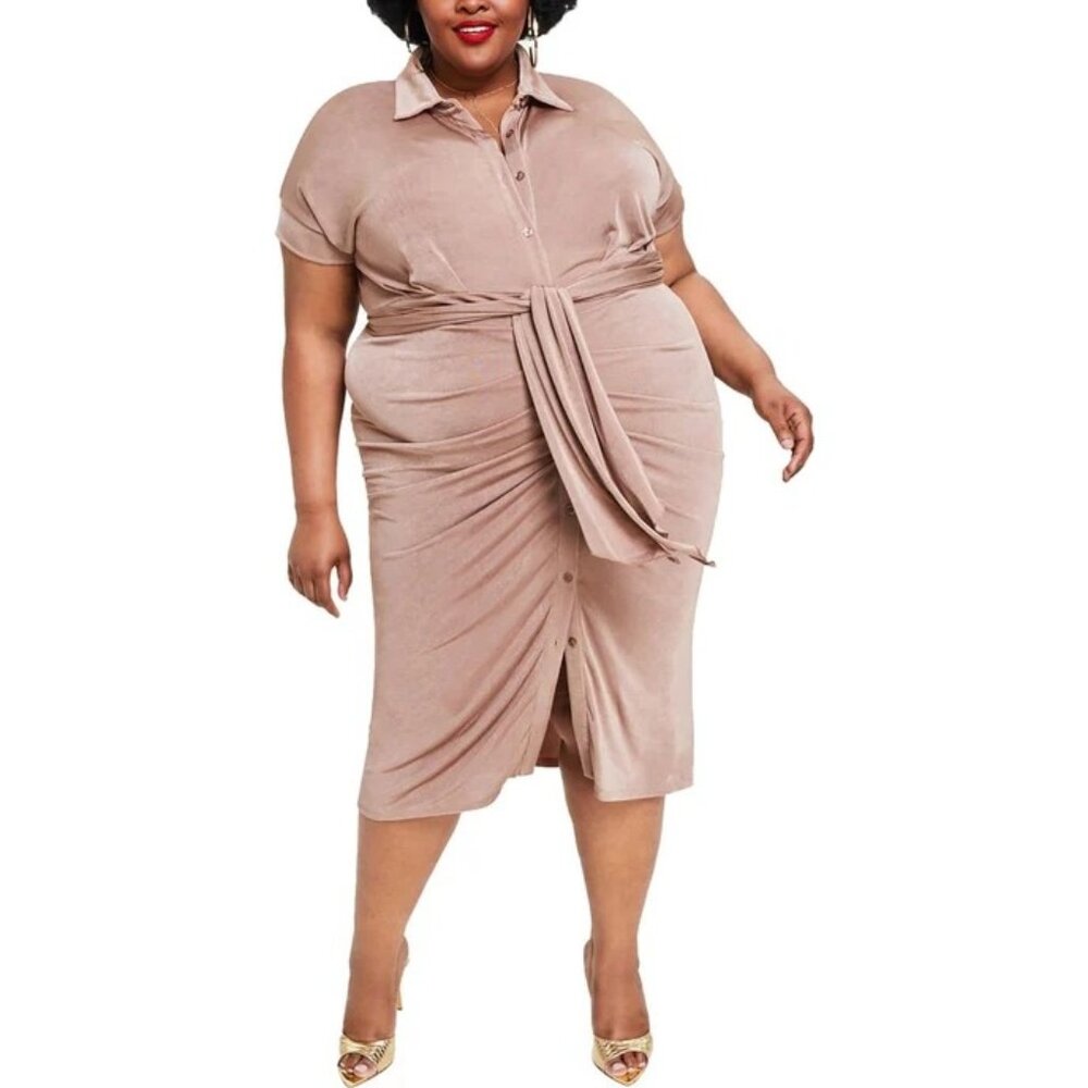 NWT Nina Parker Plus Size 2X Tan Tie-Front Ruched Shirtdress